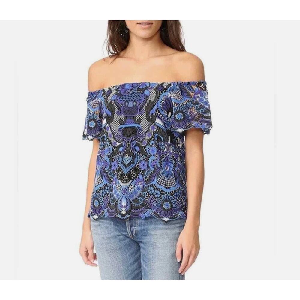 ALICE + OLIVIA Maxie Blue Lace Off Shoulder Top Womens Small Crochet Feminine